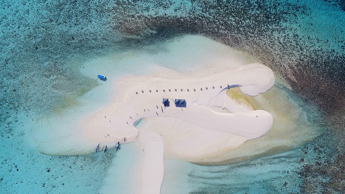 Aerial view of the White Island sandbar ringed by turquoise water